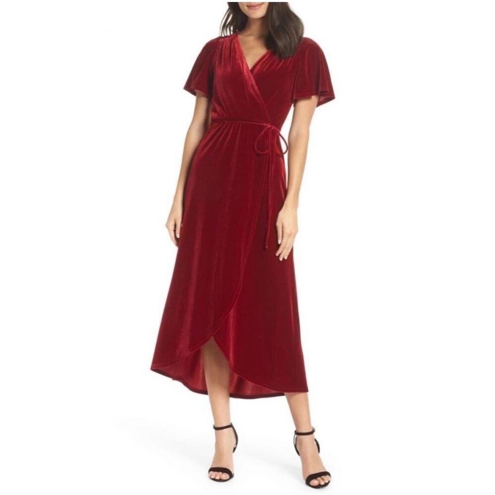 Nordstrom Chelsea 28 Red Wine Faux Wrap Velvet Midi Dress, size M